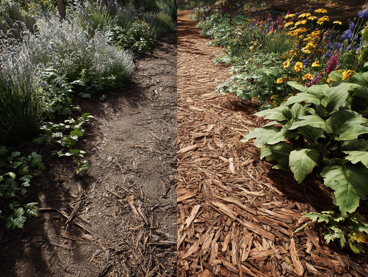 Before-and-after split: left side shows a bed with bare soil, weeds, and washed-out edges; right side shows the same bed neatly mulched with shredded hardwood, defined edge, vibrant plants