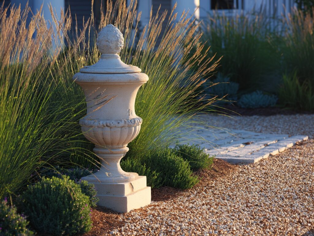 sculptural urn on a gravel pad framed by low coastal grasses and repeating shrubs