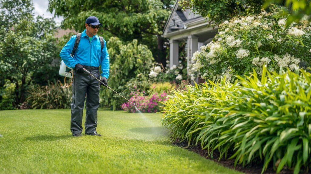 Professional landscaper in uniform applying weed control spray