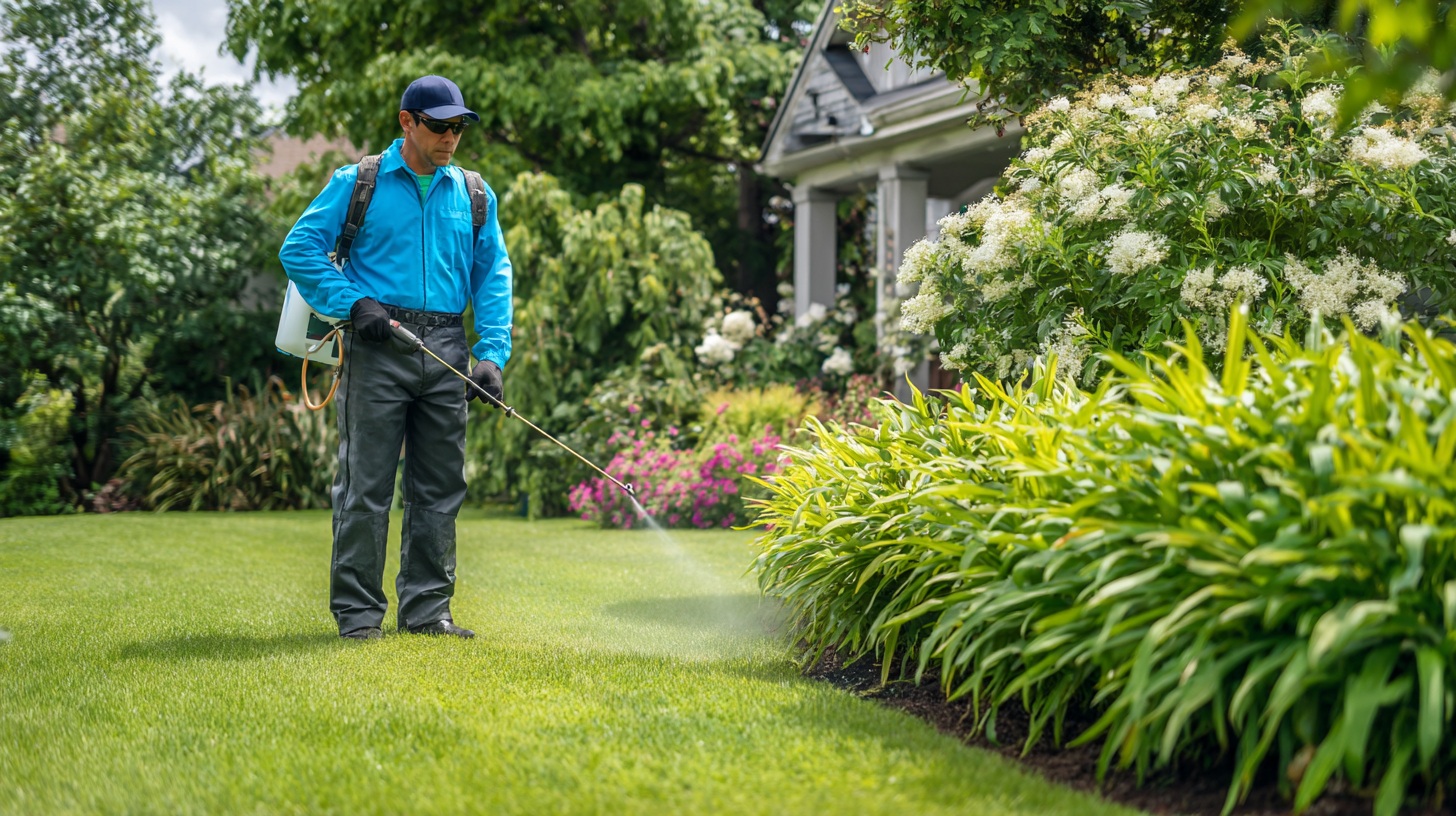 Professional landscaper in uniform applying weed control spray