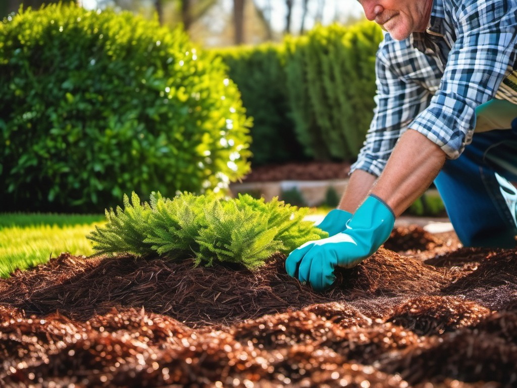 landscaper spreading fresh pine straw mulch