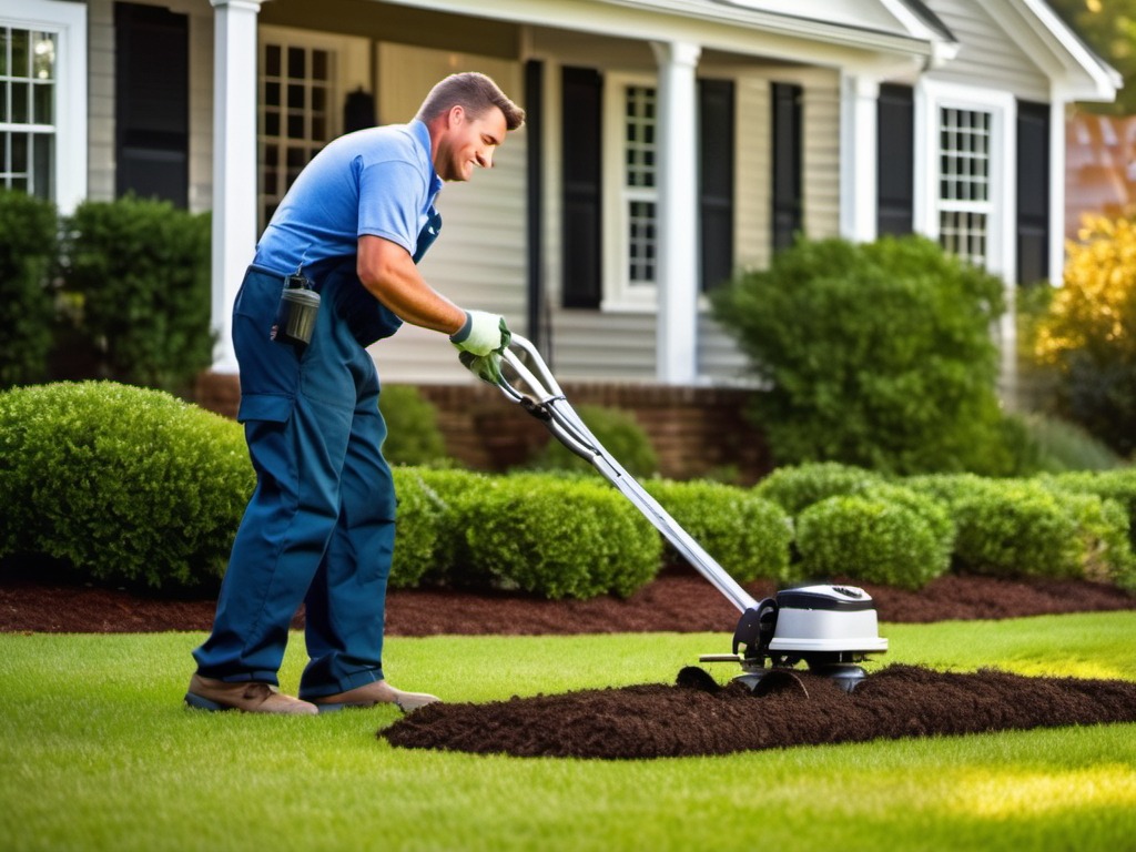 professional landscaper in a work uniform aerating a residential lawn