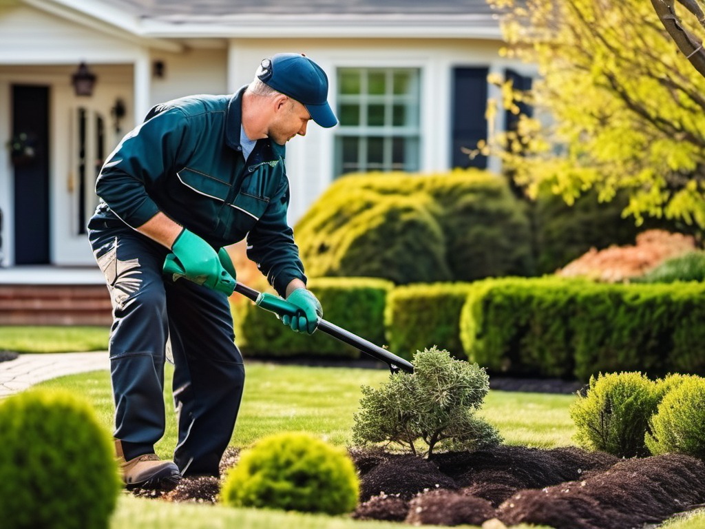 professional landscaper in uniform pruning ornamental shrubs