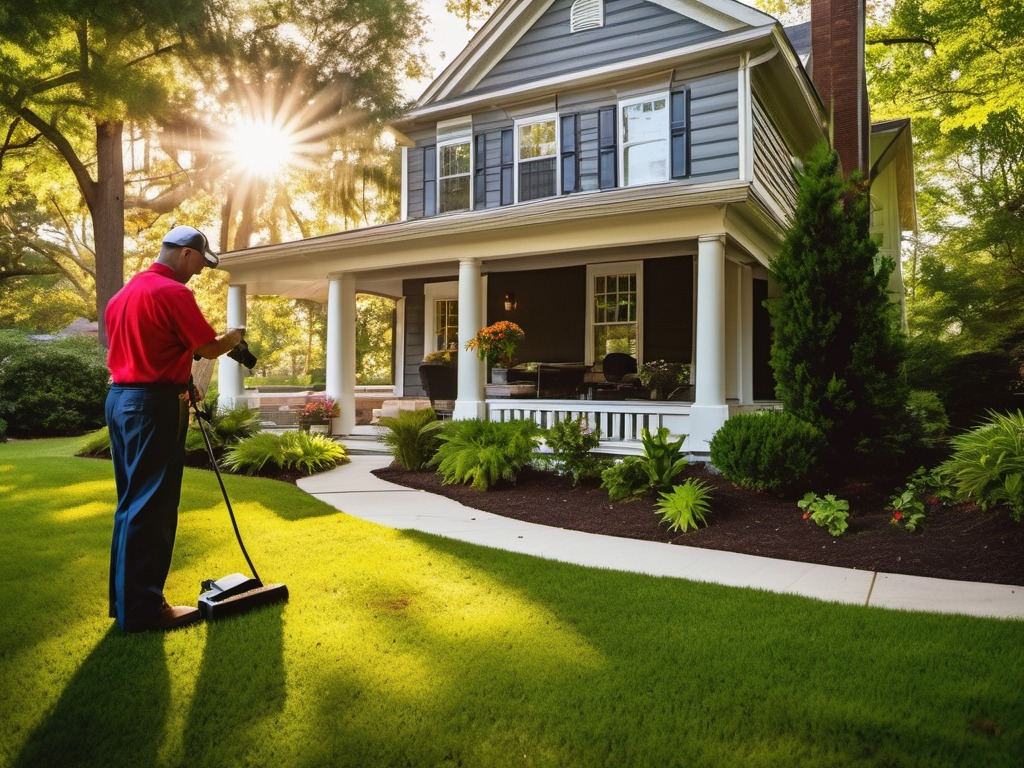 professional landscaper in work uniform inspecting a backyard lawn