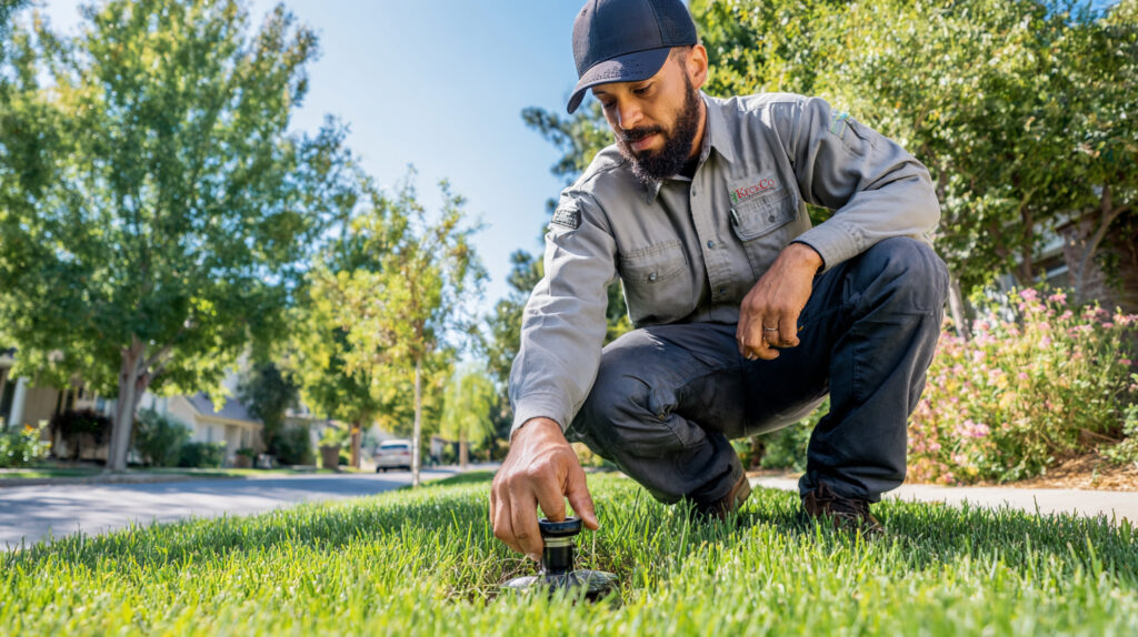 professional landscaper in uniform inspecting and adjusting a pop-up sprinkler head