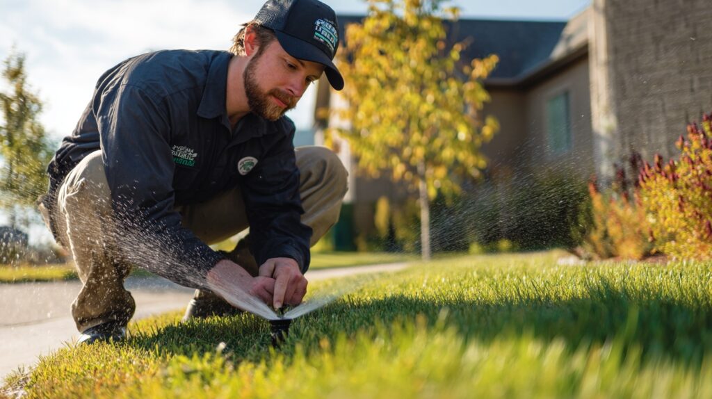 professional landscaper in uniform inspecting and adjusting a pop-up sprinkler head 