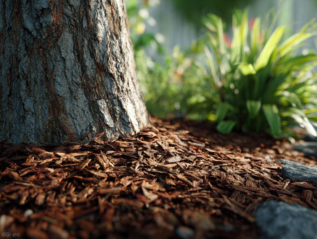 Close-up of a properly mulched tree base
