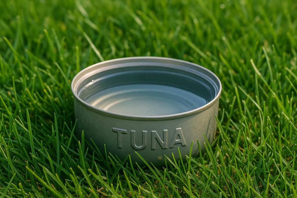 tuna can sitting on lush grass, filled to about 1 inch with sprinkler water, demonstrating proper lawn watering