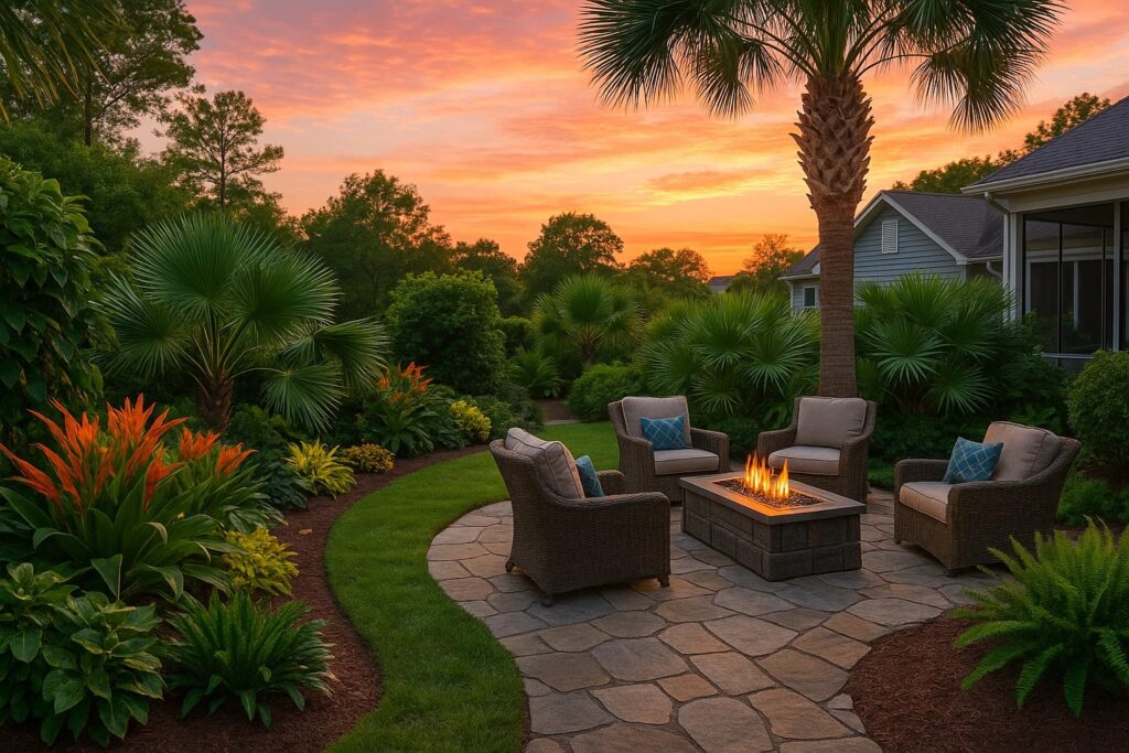 Beautiful backyard in North Myrtle Beach at sunset with lush plants and outdoor seating