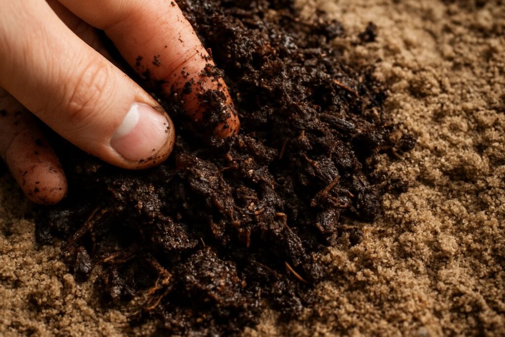 Close-up of compost being mixed into sandy soil by hand