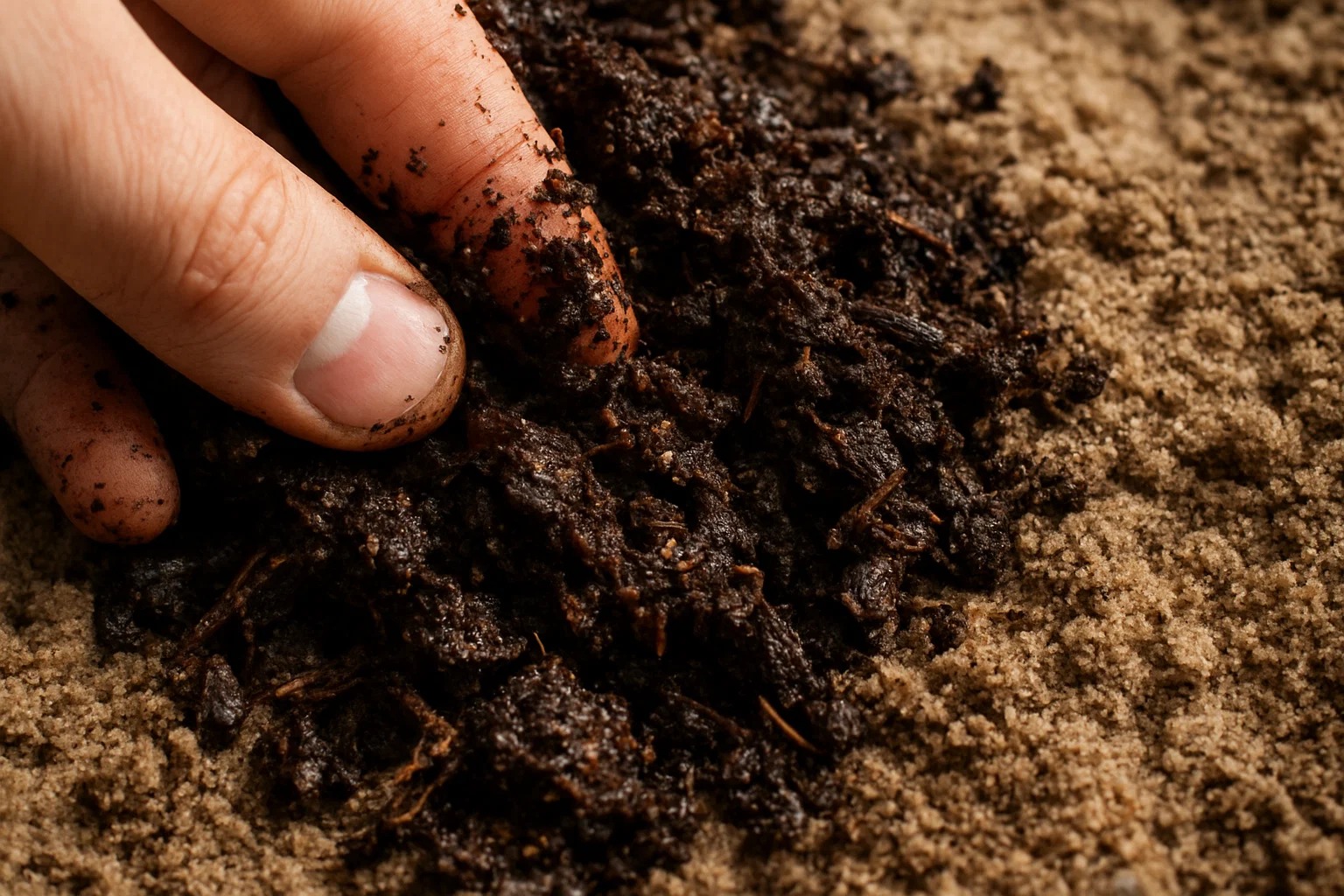 Close-up of compost being mixed into sandy soil by hand