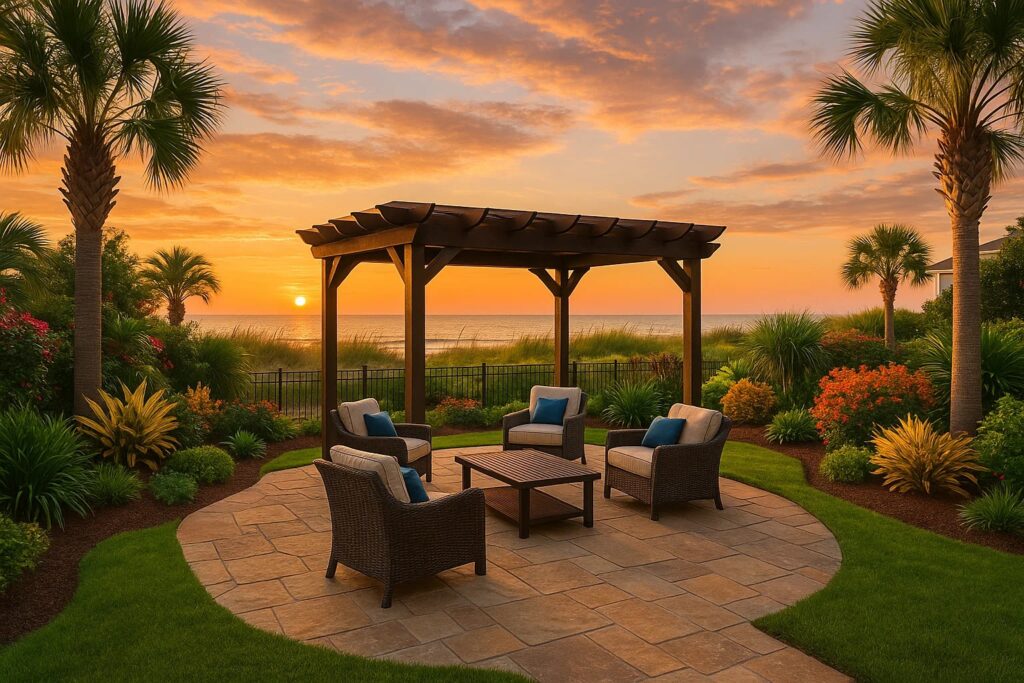 Coastal backyard in North Myrtle Beach featuring outdoor seating area, pergola, and lush landscaping