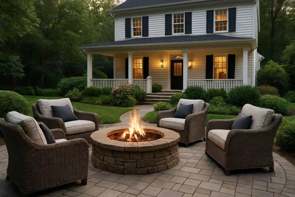 Fire pit lounge area with paver flooring, cozy chairs, and classic NC home landscaping