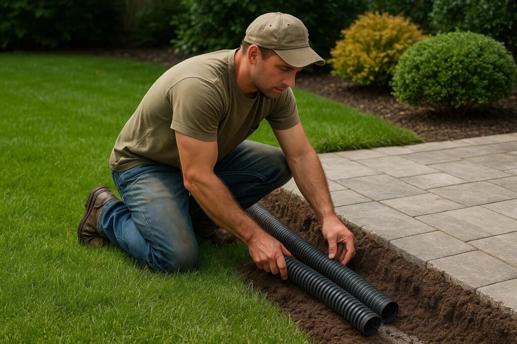 Landscaper adjusting drainage around a patio