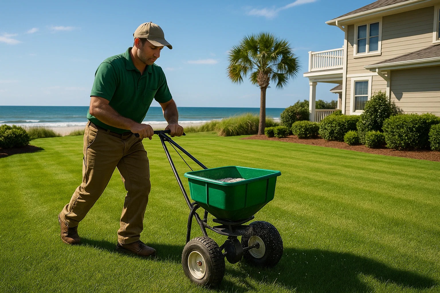 landscaper spreading fertilizer evenly across a lush green lawn
