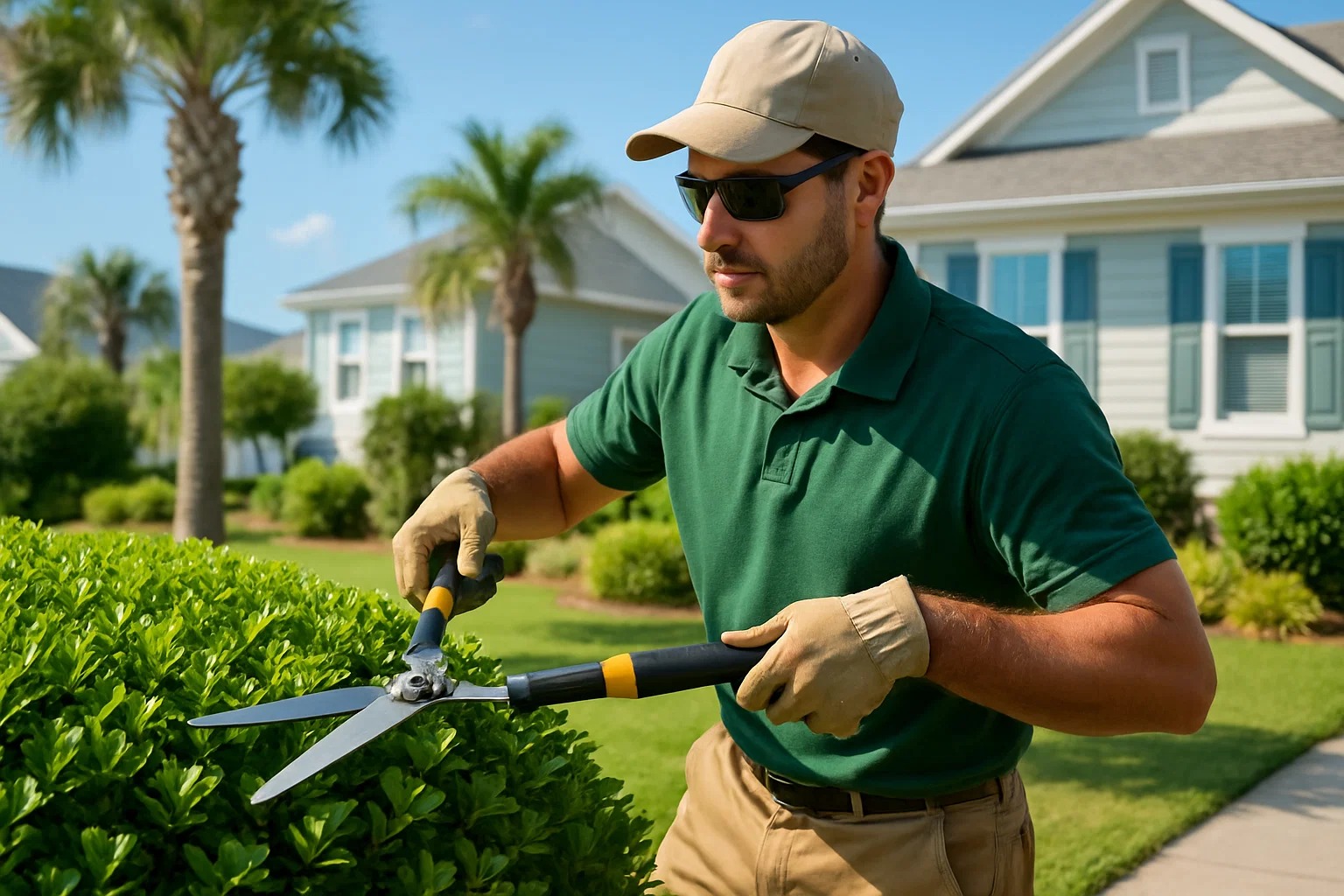 professional landscaper pruning green shrubs