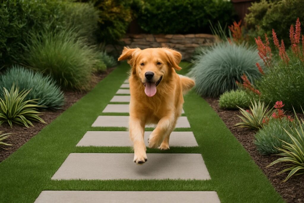 Dog running along a reinforced garden path with stepping stones