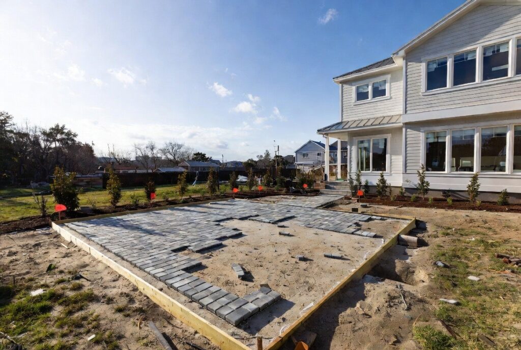 Early spring-style outdoor living space under construction