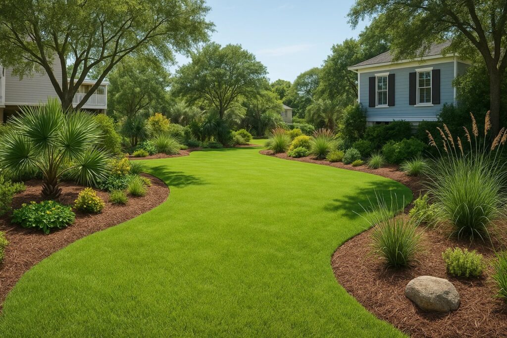 Healthy green lawn in a North Myrtle Beach coastal yard with natural landscaping