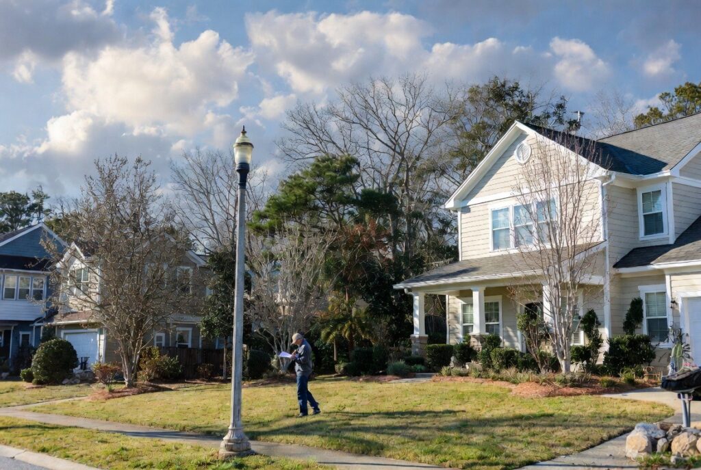 Homeowner reviewing a seasonal lawn care checklis