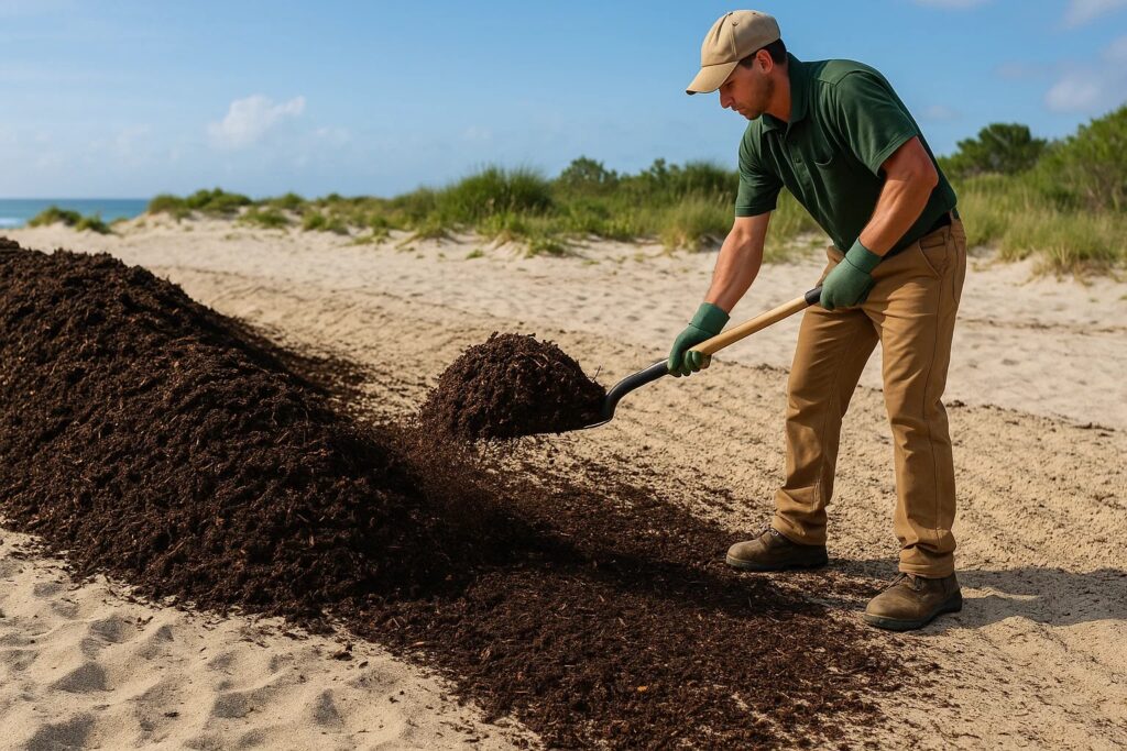 Landscaper spreading compost and organic material into sandy coastal soil