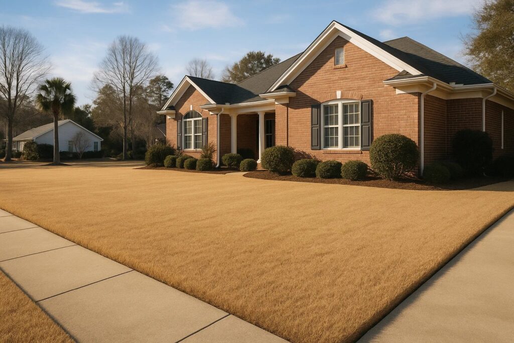 North Myrtle Beach lawn in winter with healthy dormant turf and clean edges