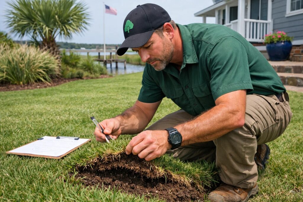 Professional landscaper inspecting lawn thickness and soil condition