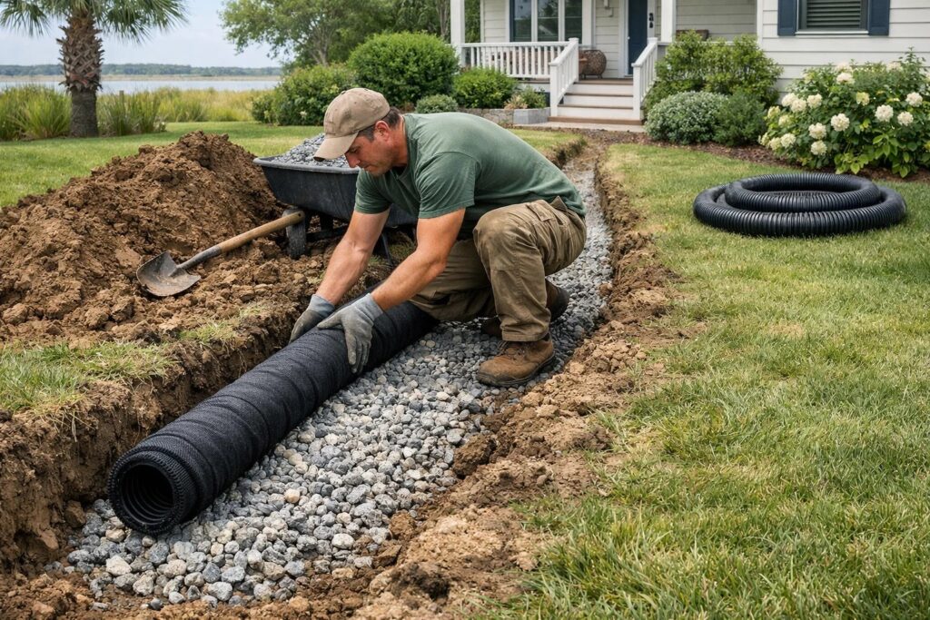 Professional landscaper installing French drain