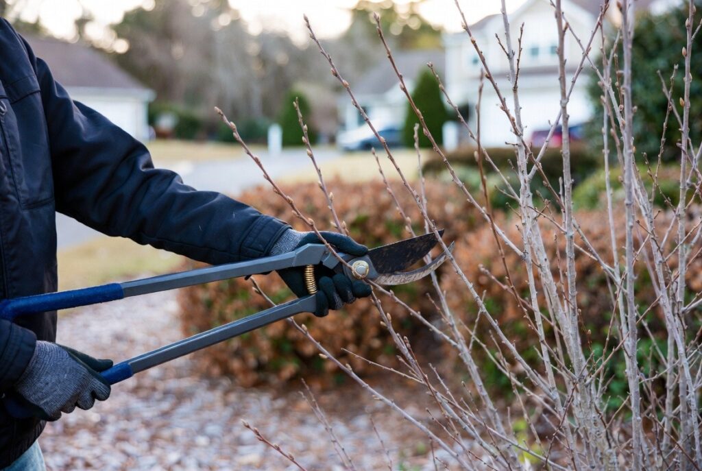 Professional landscaper performing dormant pruning on shrubs