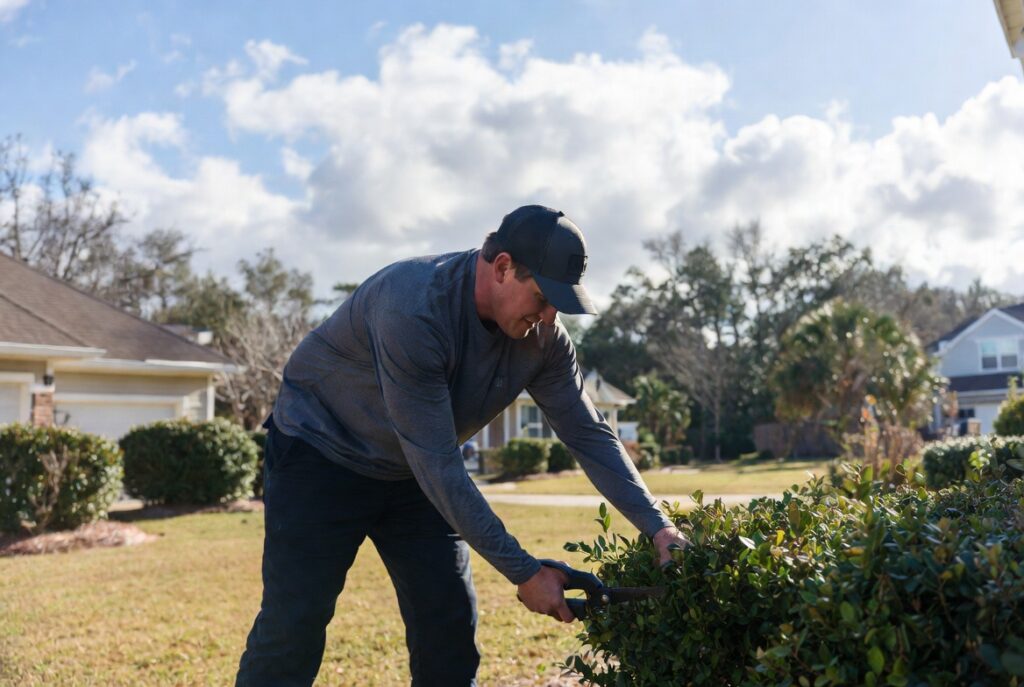 Professional landscaper pruning dormant shrubs
