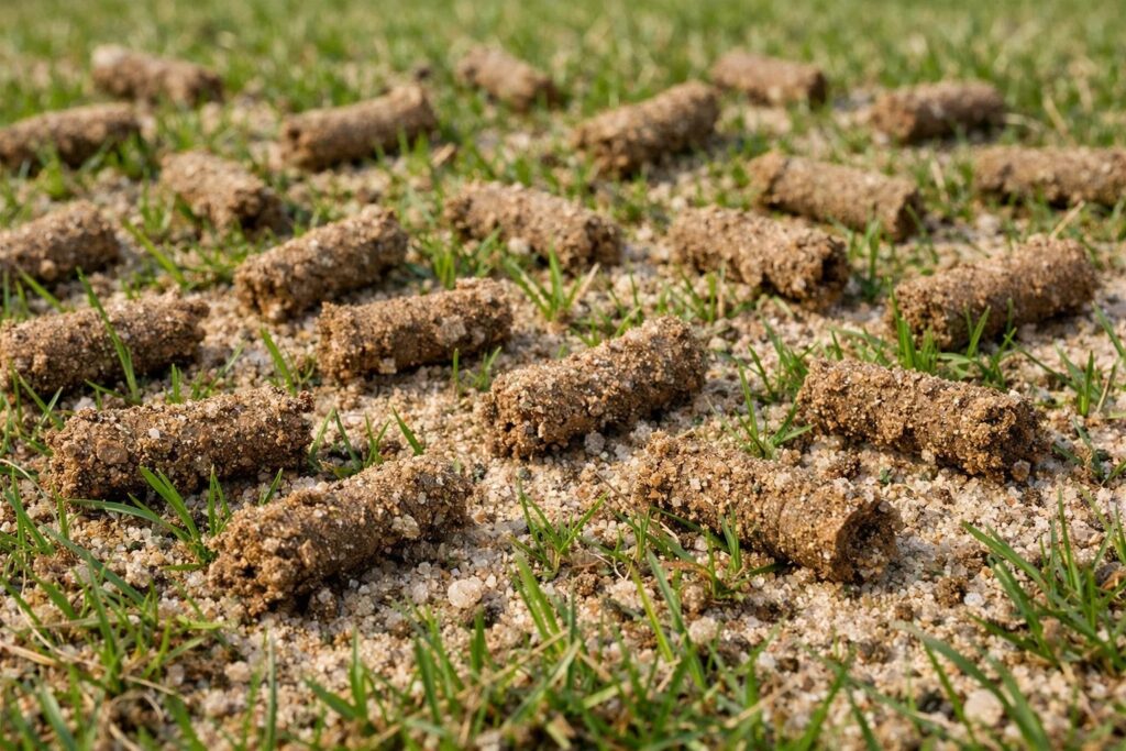  core aeration plugs on a North Myrtle Beach lawn in spring, sandy soil visible, turf beginning to green up