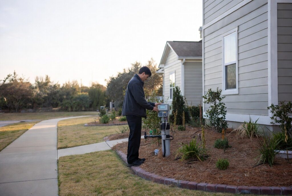 landscaper inspecting an irrigation control box