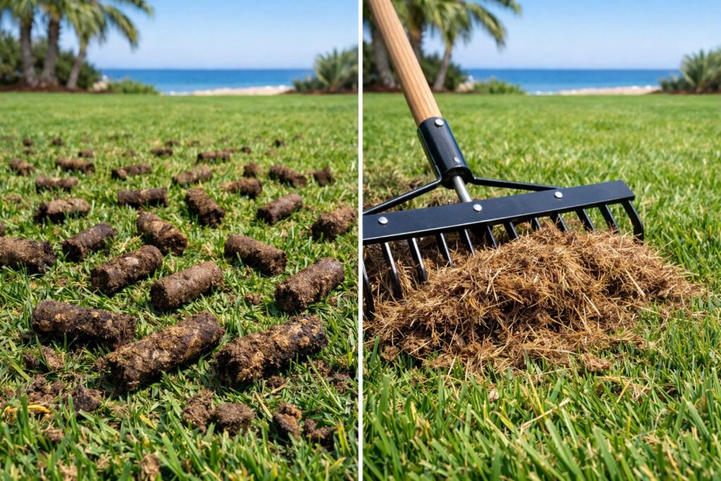 lawn aeration plugs and a dethatching rake